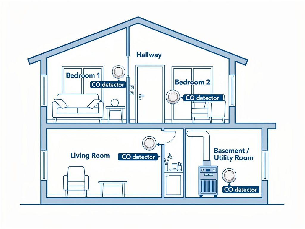 Diagram showing recommended CO detector placement in a two-story home: every level, outside sleeping areas, and near fuel-burning appliances