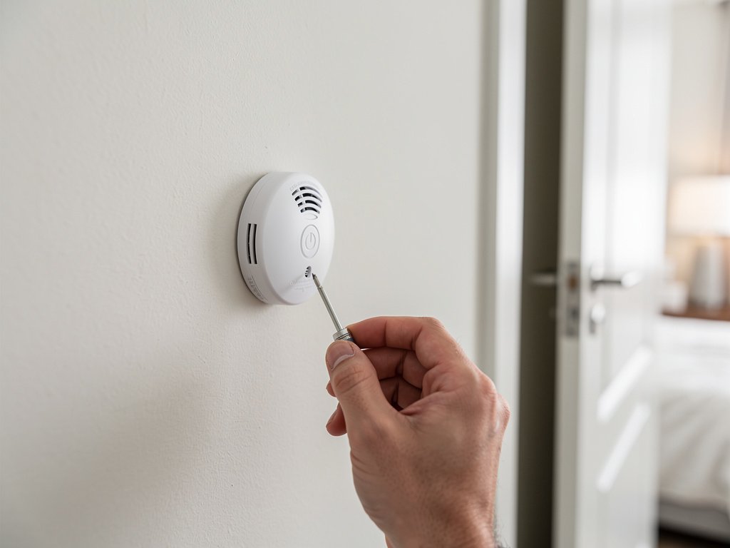A carbon monoxide detector being installed on a hallway wall near a bedroom door