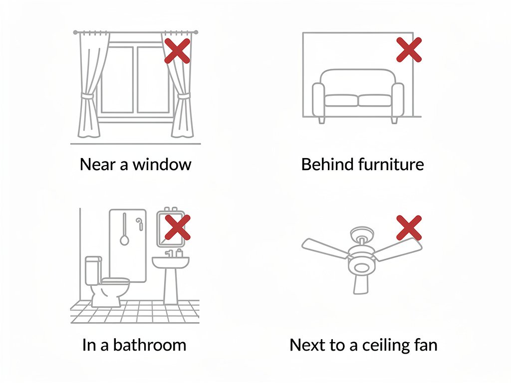 Common wrong placement locations for CO detectors: near windows, behind furniture, in bathrooms, and near ceiling fans