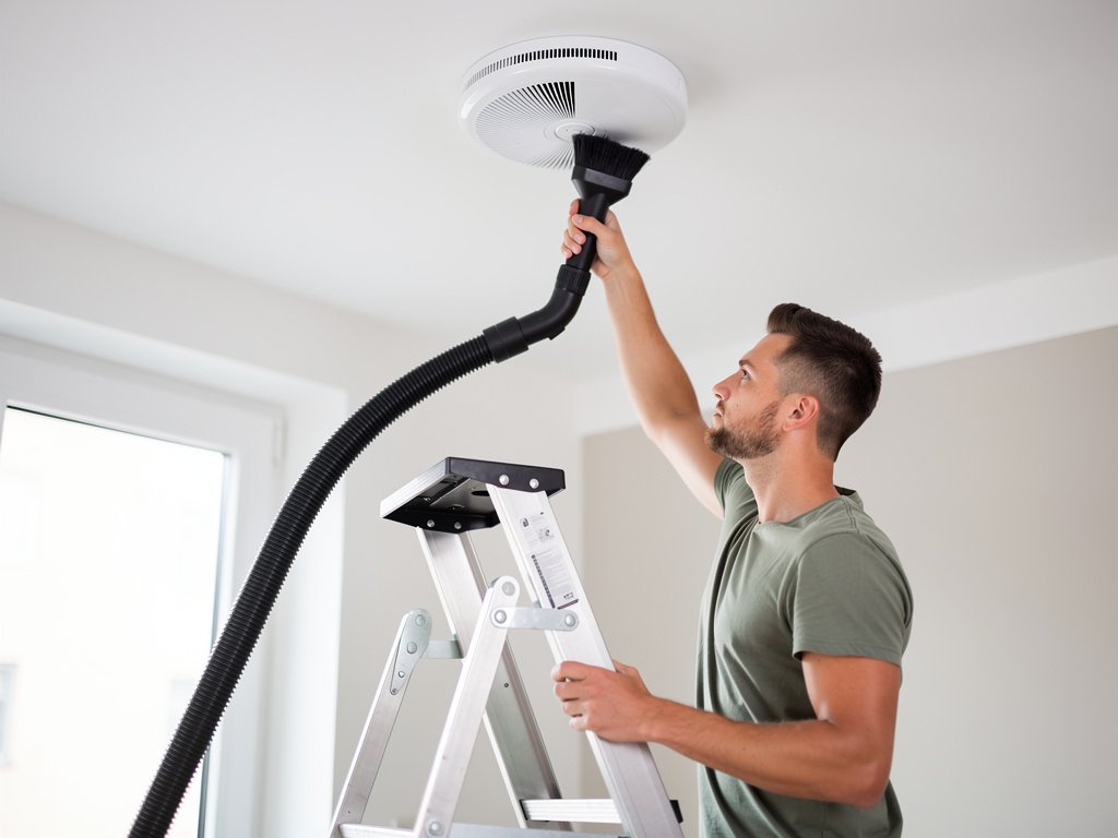Cleaning a smoke detector with a vacuum brush attachment to remove dust and prevent false alarms