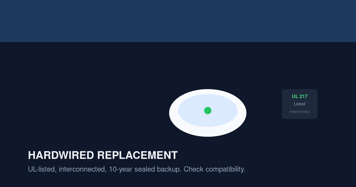 Illustration of a hardwired smoke alarm with interconnect wire and UL listing badge