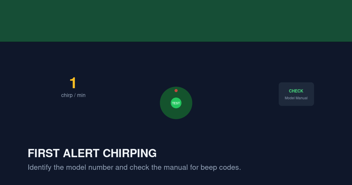 Illustration of a First Alert smoke alarm showing chirp patterns and diagnostic steps
