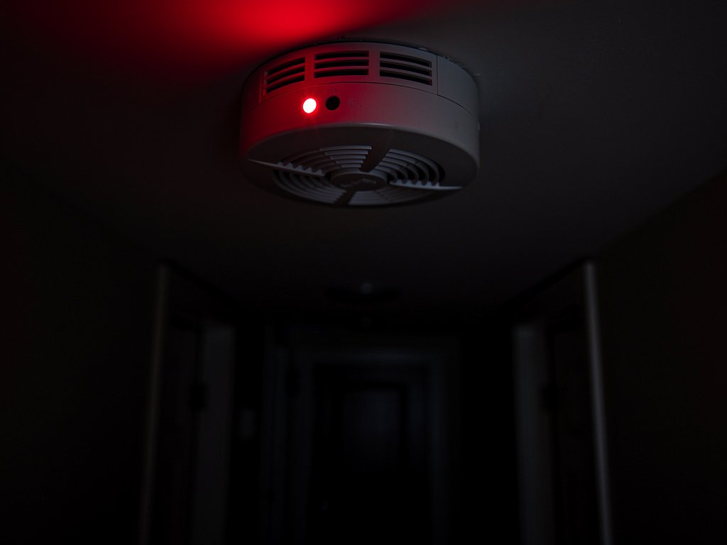 A smoke detector's red LED flashing to indicate it is the source unit triggering the chirp