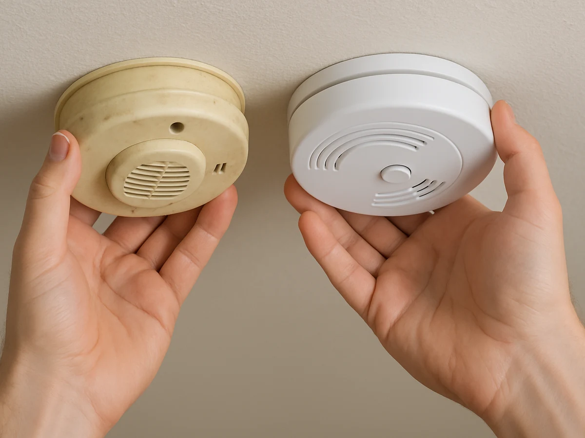 1200x900 slot:3d8b242f50b8 Hands replacing a smoke alarm on a ceiling.