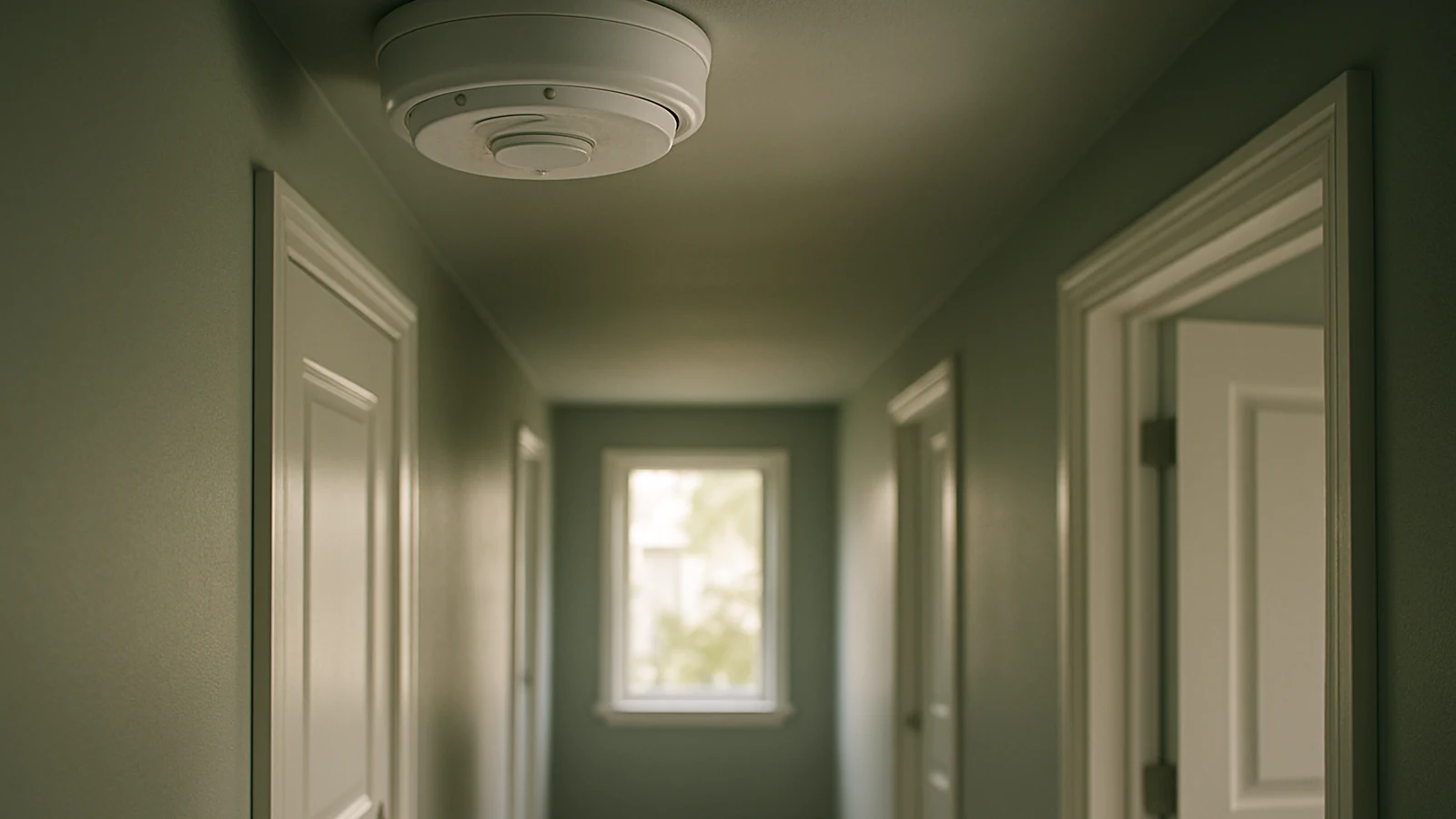 1600x900 slot:8779096484a8 Smoke alarm mounted in a calm hallway, representing device lifespan.