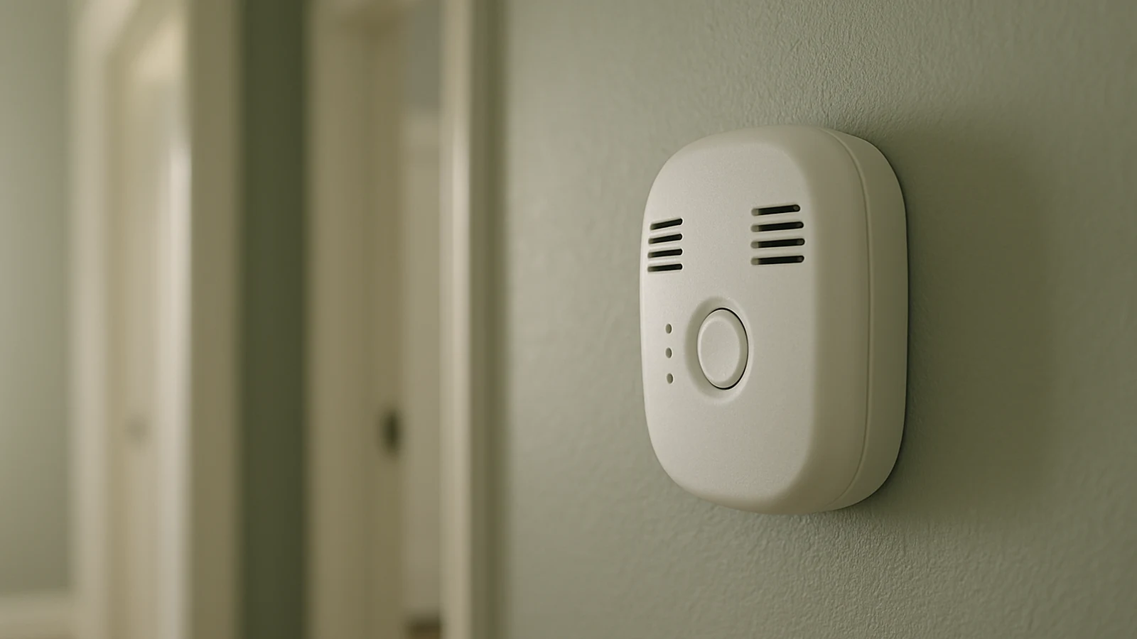 1600x900 slot:b15c5925bac5 Carbon monoxide detector on a hallway wall in soft daylight.