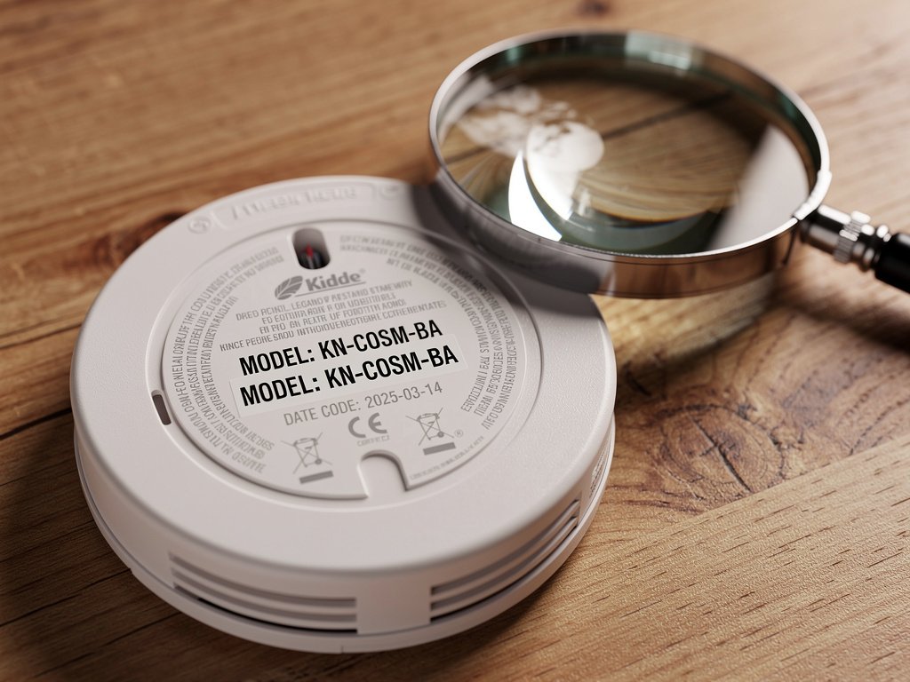 A Kidde smoke detector placed face-down to check the model number on the back label