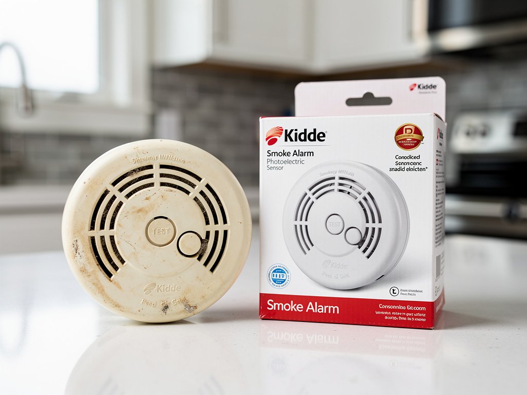 A recalled Kidde smoke detector next to its free replacement unit
