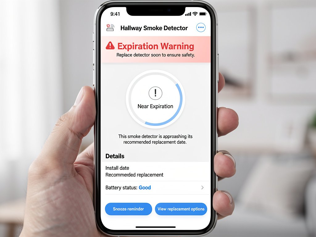 The Nest app showing a smoke detector's expiration date warning on a smartphone