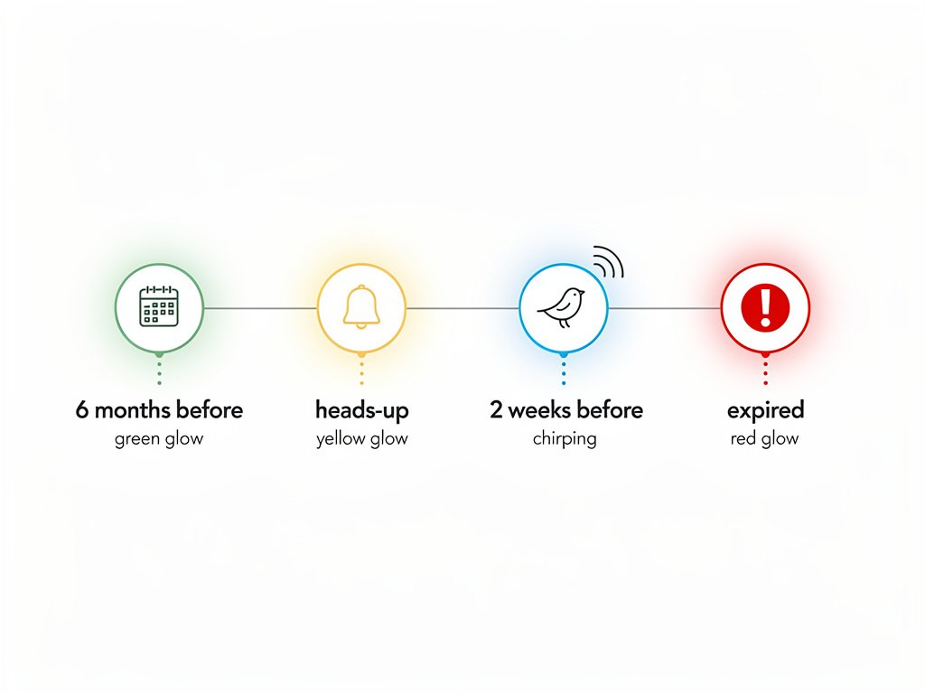 Timeline showing Nest Protect's staged end-of-life warning system from 6 months before expiration to full expiration