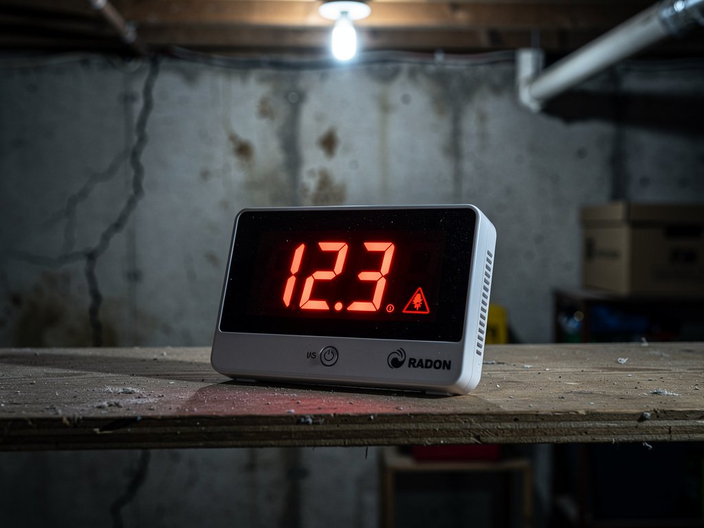 A radon detector in a basement showing an elevated radon level reading on its display