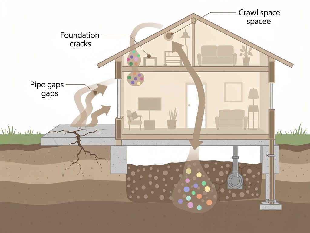 Diagram showing how radon gas enters a home through foundation cracks, pipe gaps, and crawl spaces