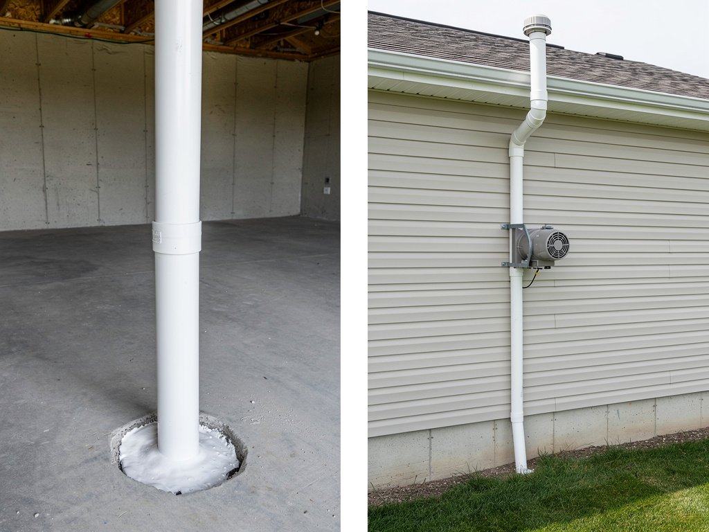 A radon mitigation system with PVC pipe venting radon gas from beneath the foundation to the outside