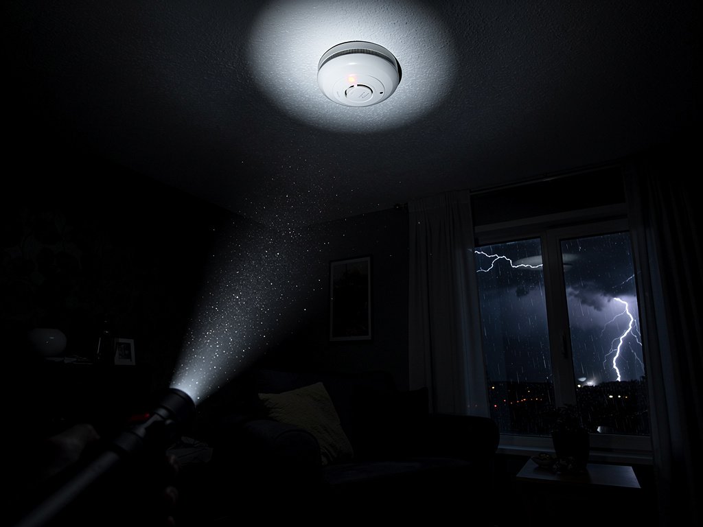A smoke detector beeping after a power outage in a dark home