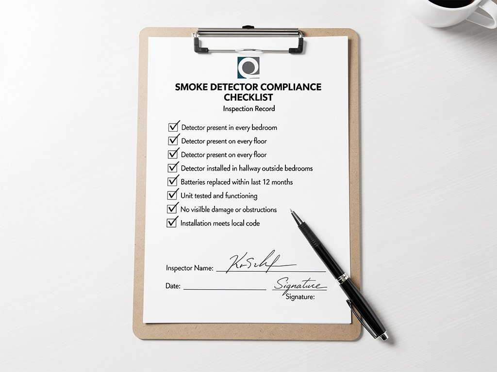 A landlord's smoke detector compliance checklist showing installation, testing, and documentation requirements