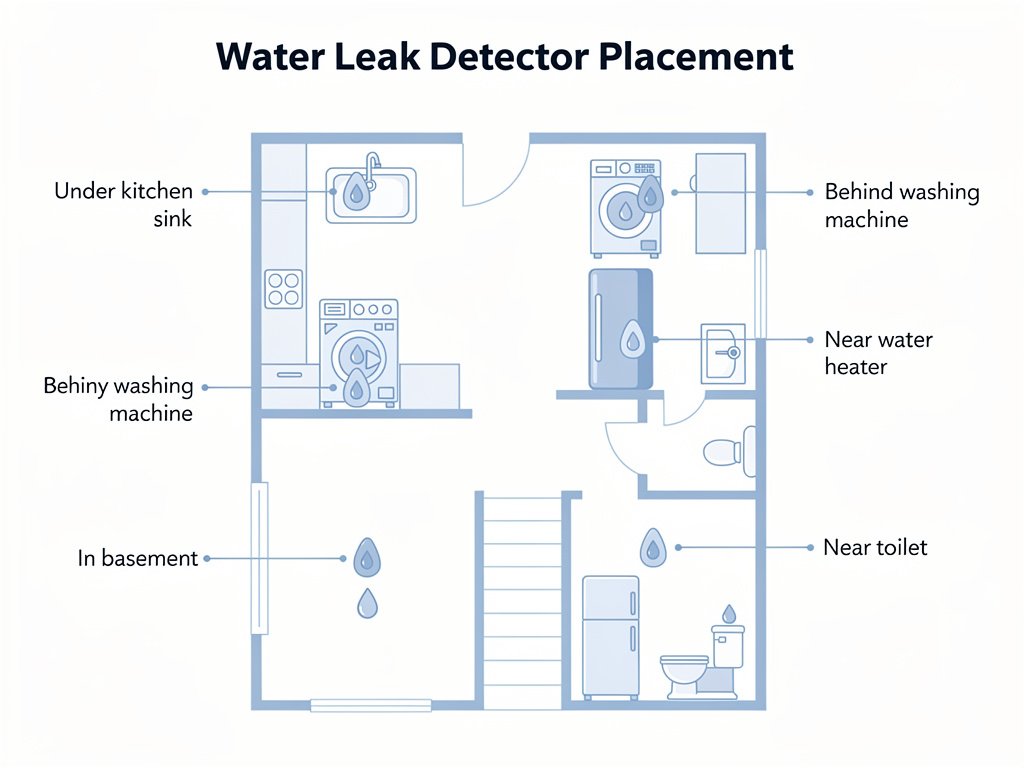 Diagram showing the best locations for water leak detectors in a typical home